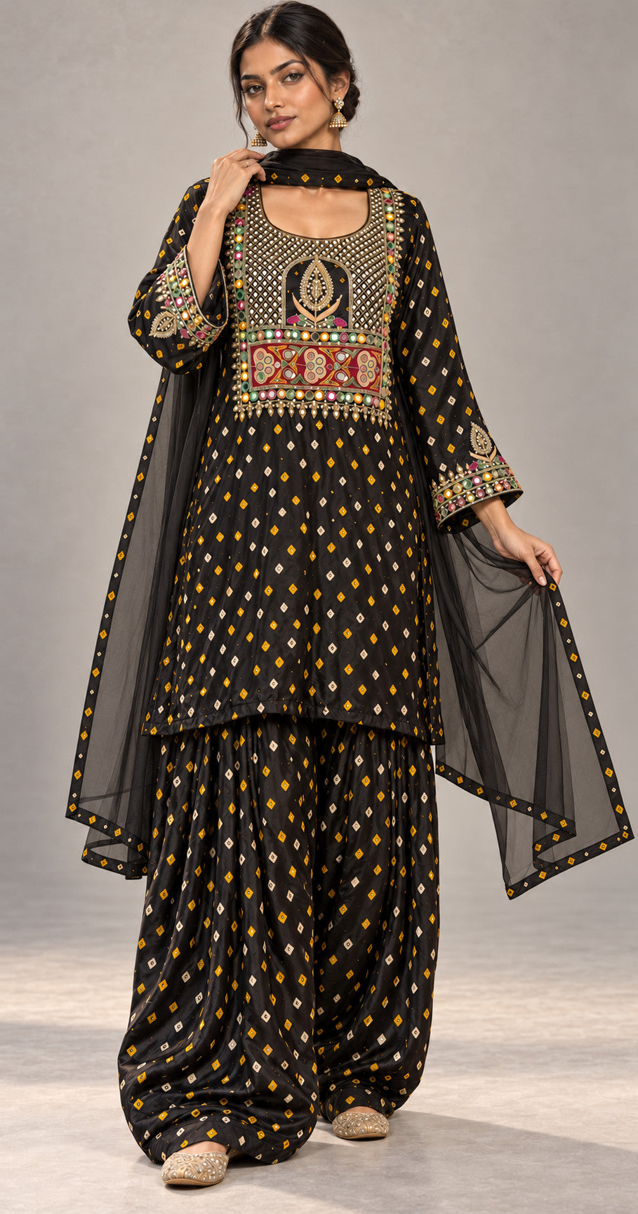 Alternate front view of bandhani modal silk farshi salwar set