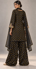 Back view of black bandhani modal silk kurta and farshi salwar — thumbnail 4