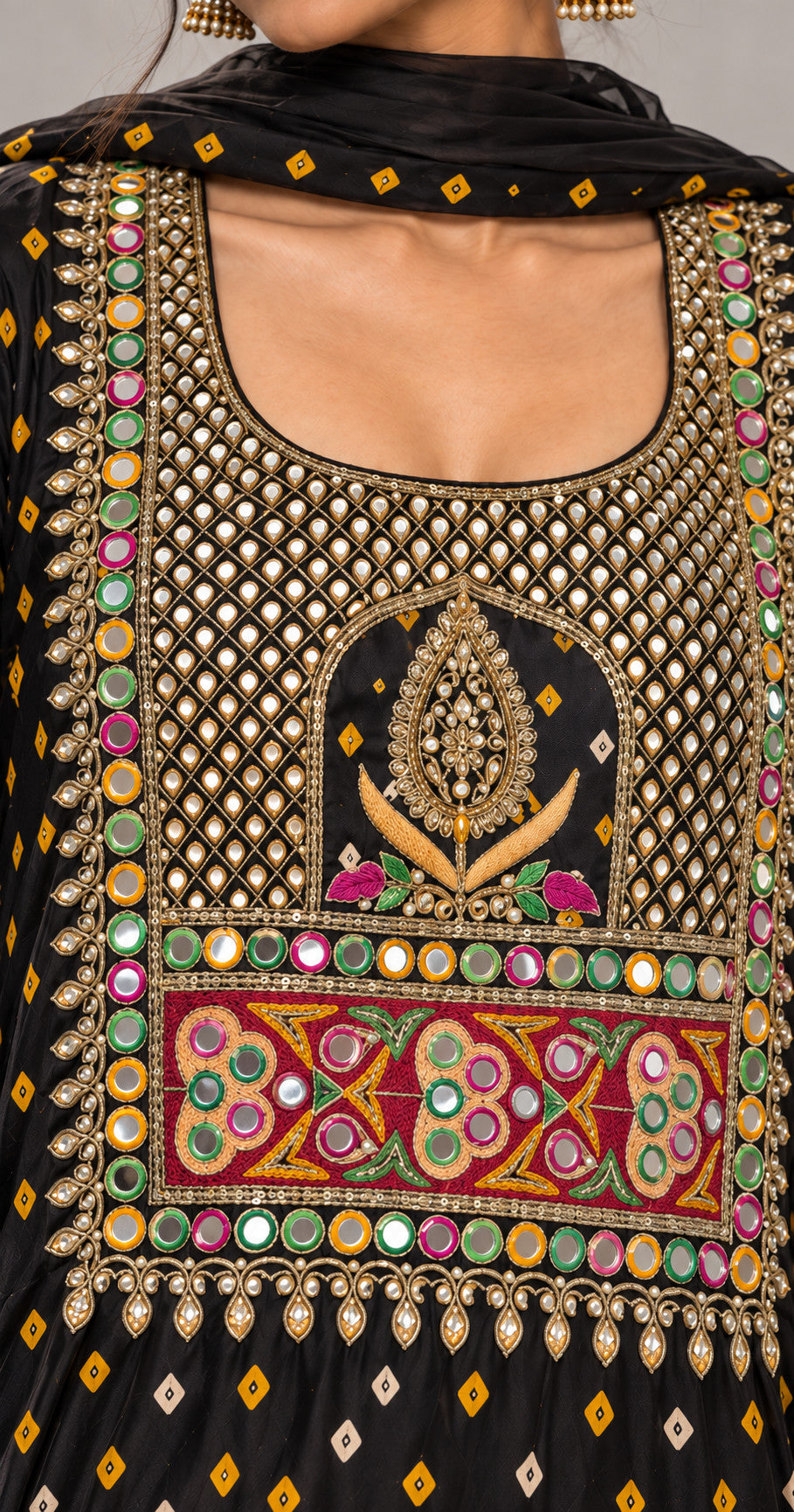 Detailed neckline mirrorwork, metallic lattice and floral hand embroidery