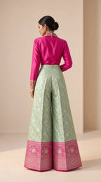 GULRANG mint green and pink embroidered shirt and brocade palazzo set, back view — thumbnail 3