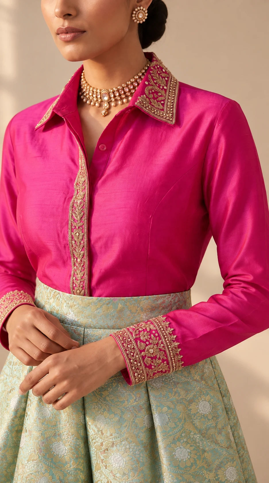 GULRANG mint green and pink embroidered shirt and brocade palazzo set, detail view