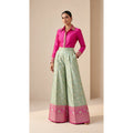 GULRANG mint green and pink embroidered shirt and brocade palazzo set, front tucked view; square canvas with white side margins
