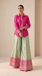 GULRANG mint green and pink embroidered shirt and brocade palazzo set, front untucked view — thumbnail 2