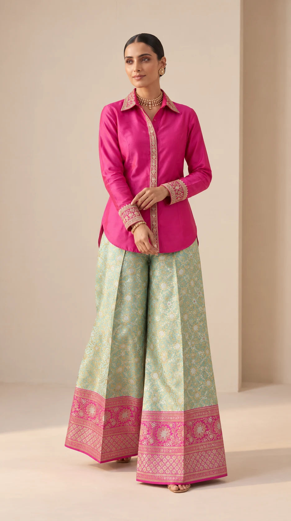GULRANG mint green and pink embroidered shirt and brocade palazzo set, front untucked view