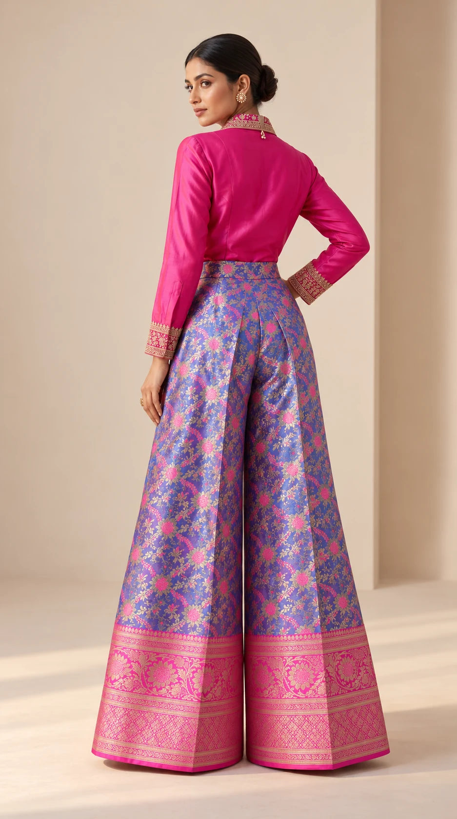 GULRANG purple and pink embroidered shirt and brocade palazzo set, back view