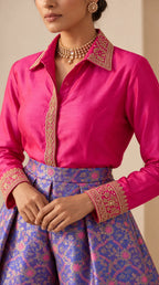 GULRANG purple and pink embroidered shirt and brocade palazzo set, detail view — thumbnail 4