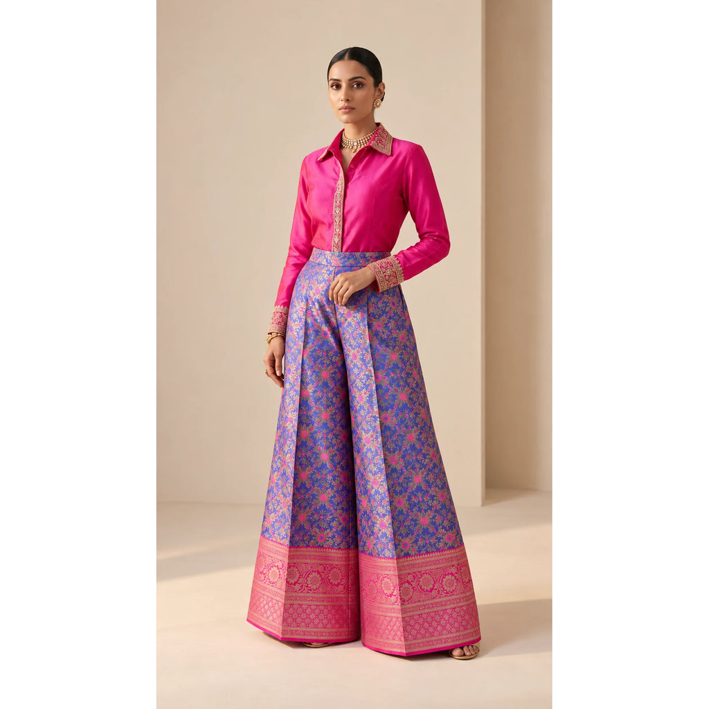 GULRANG purple and pink embroidered shirt and brocade palazzo set, front tucked view; square canvas with white side margins