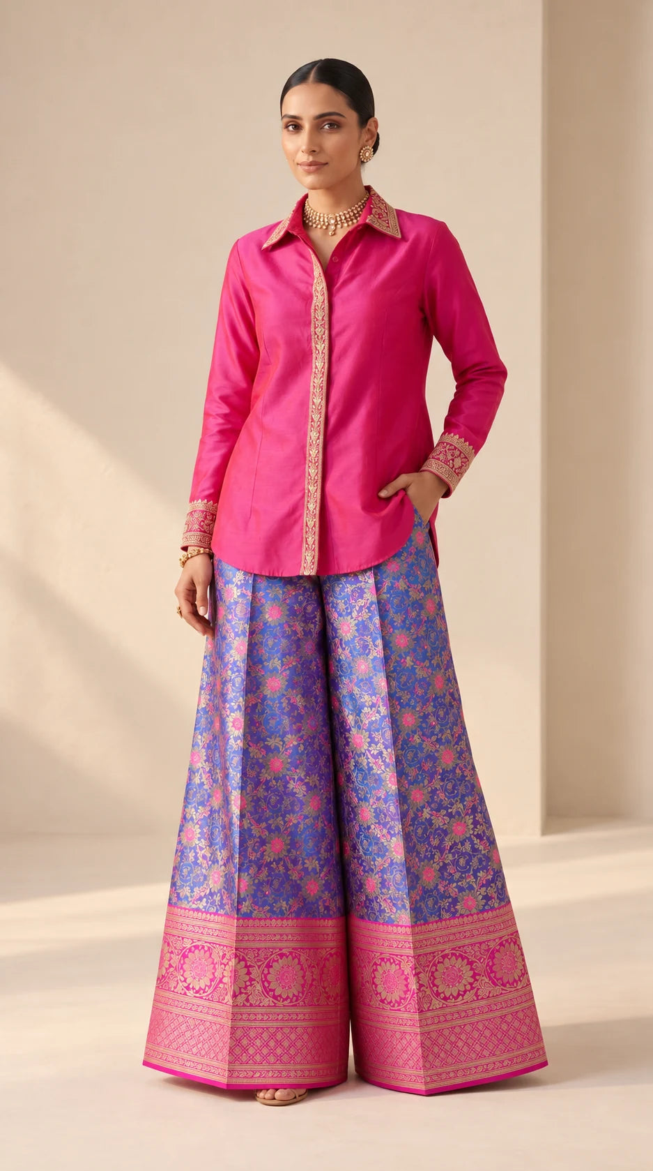 GULRANG purple and pink embroidered shirt and brocade palazzo set, front untucked view