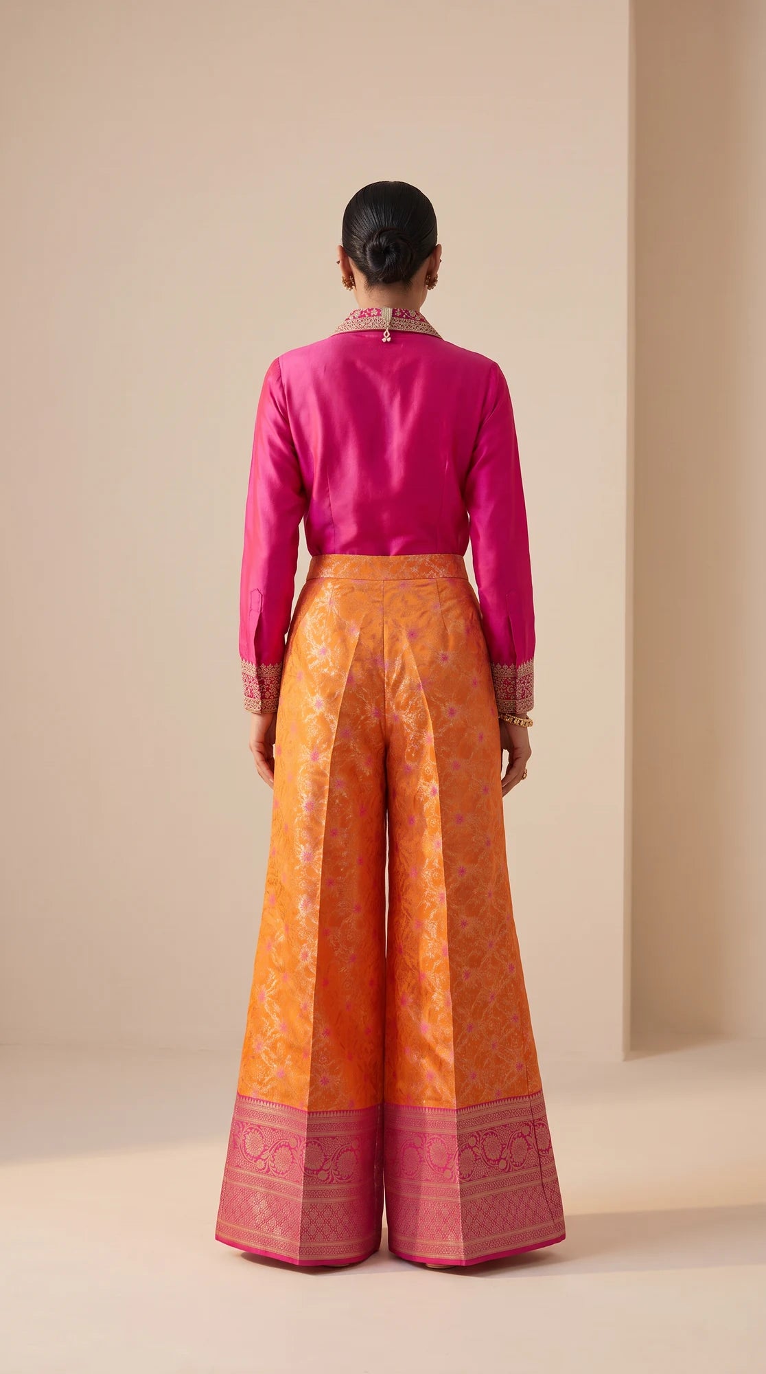 GULRANG orange and pink embroidered shirt and brocade palazzo set, back view