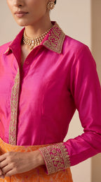 GULRANG orange and pink embroidered shirt and brocade palazzo set, detail view — thumbnail 4