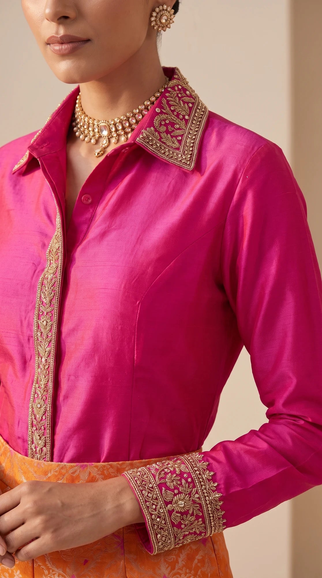 GULRANG orange and pink embroidered shirt and brocade palazzo set, detail view