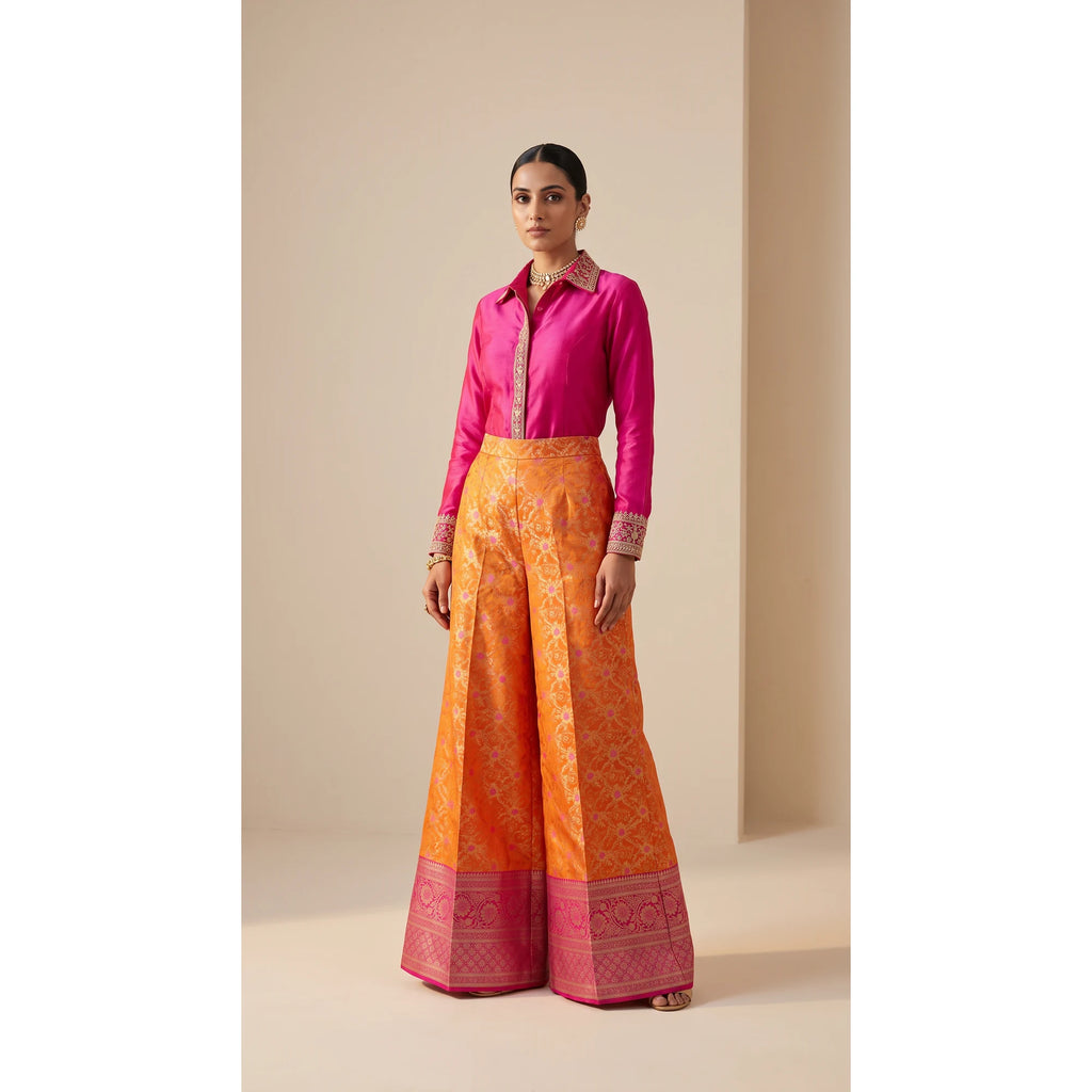 GULRANG orange and pink embroidered shirt and brocade palazzo set, front tucked view; square canvas with white side margins