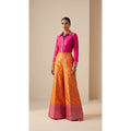 GULRANG orange and pink embroidered shirt and brocade palazzo set, front tucked view; square canvas with white side margins
