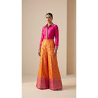 GULRANG orange and pink embroidered shirt and brocade palazzo set, front tucked view; square canvas with white side margins — thumbnail 1