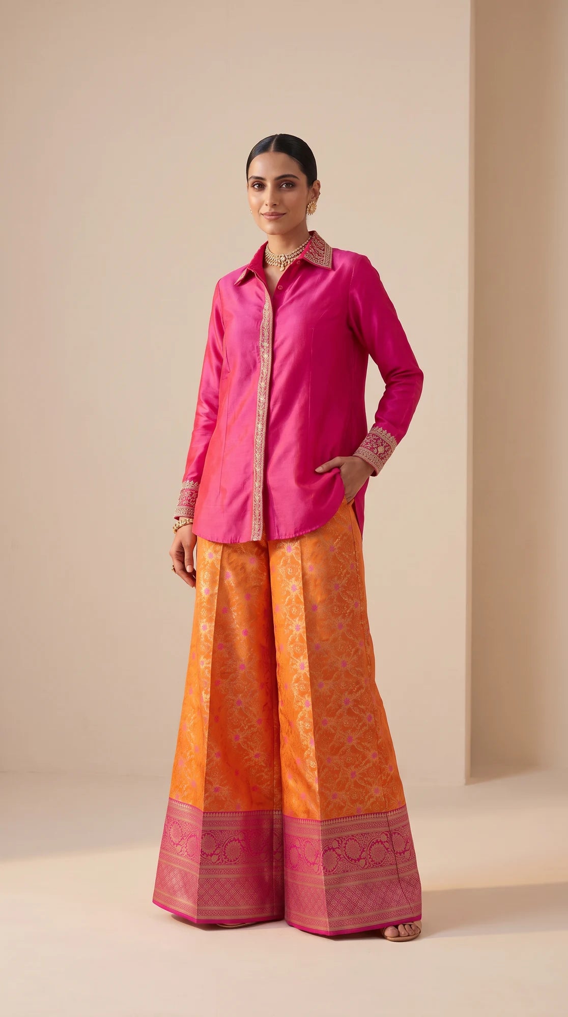 GULRANG orange and pink embroidered shirt and brocade palazzo set, front untucked view