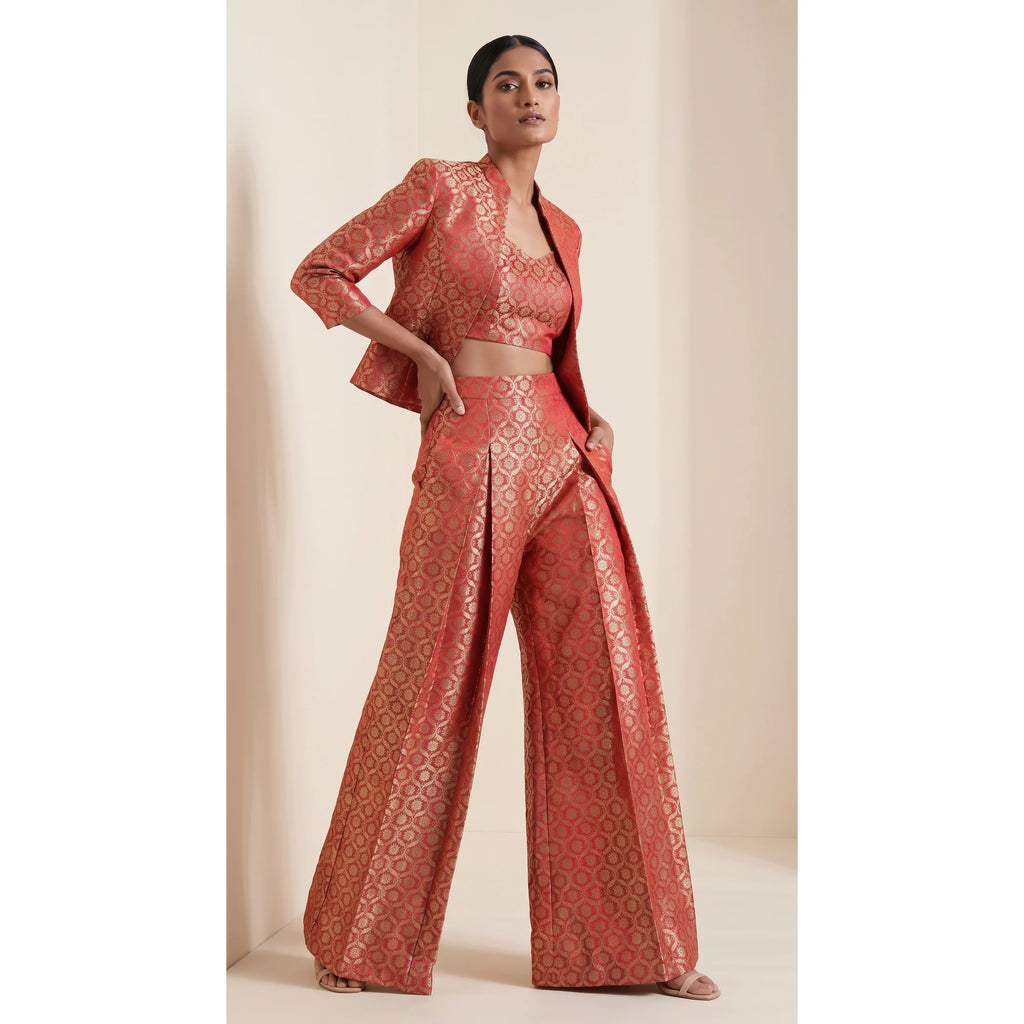 ZARIKA coral Banarasi antique zari brocade jacket, crop top and pant set, front jacket view; square canvas with white side margins