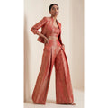 ZARIKA coral Banarasi antique zari brocade jacket, crop top and pant set, front jacket view; square canvas with white side margins