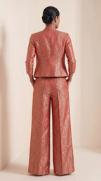 ZARIKA coral Banarasi antique zari brocade jacket, crop top and pant set, back jacket view — thumbnail 2