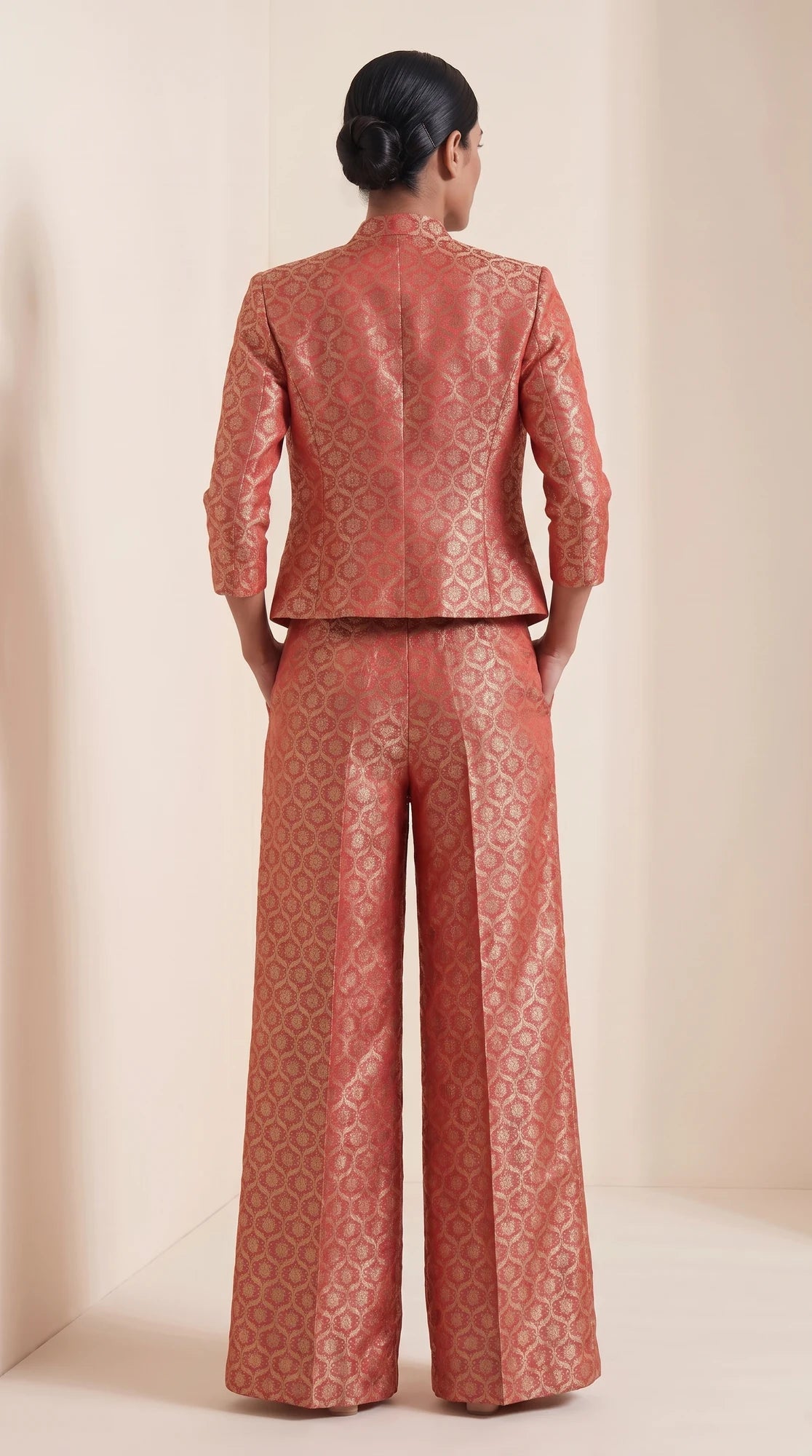 ZARIKA coral Banarasi antique zari brocade jacket, crop top and pant set, back jacket view