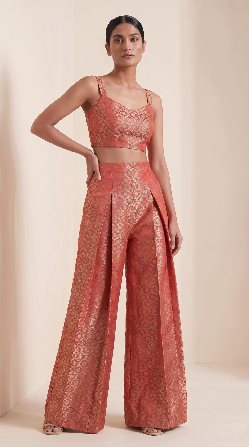 ZARIKA coral Banarasi antique zari brocade jacket, crop top and pant set, front top view