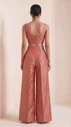 ZARIKA coral Banarasi antique zari brocade jacket, crop top and pant set, back top view — thumbnail 4