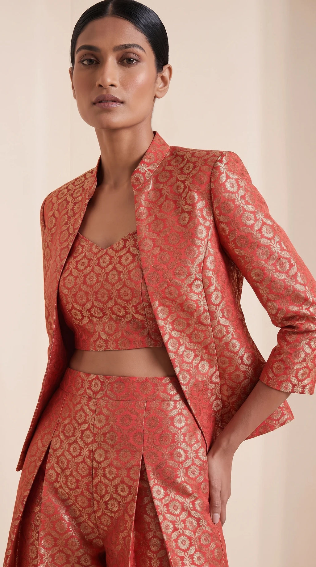 ZARIKA coral Banarasi antique zari brocade jacket, crop top and pant set, detail view