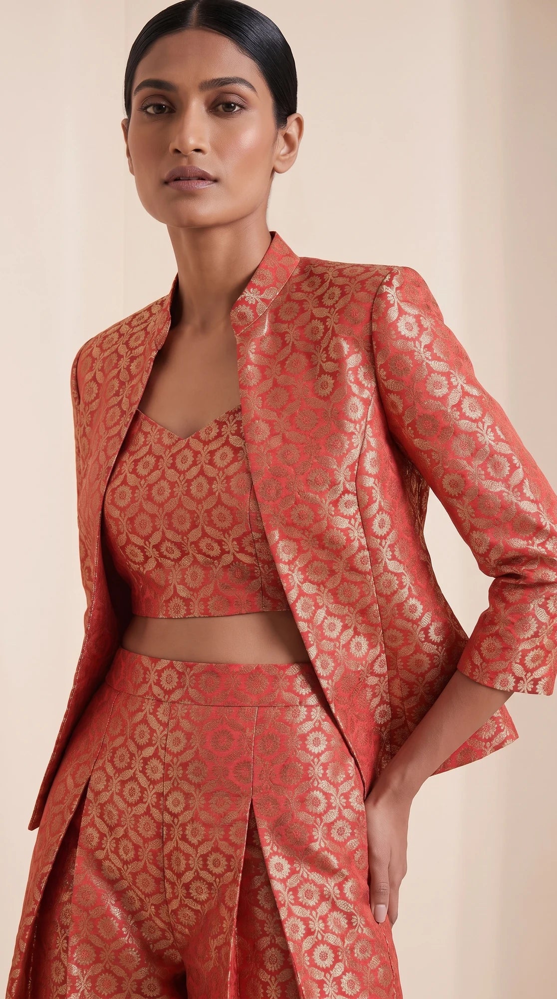 ZARIKA coral Banarasi antique zari brocade jacket, crop top and pant set, detail view