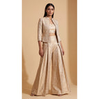 ZARIKA ivory Banarasi antique zari brocade jacket, crop top and pant set, front jacket view; square canvas with white side margins — thumbnail 1