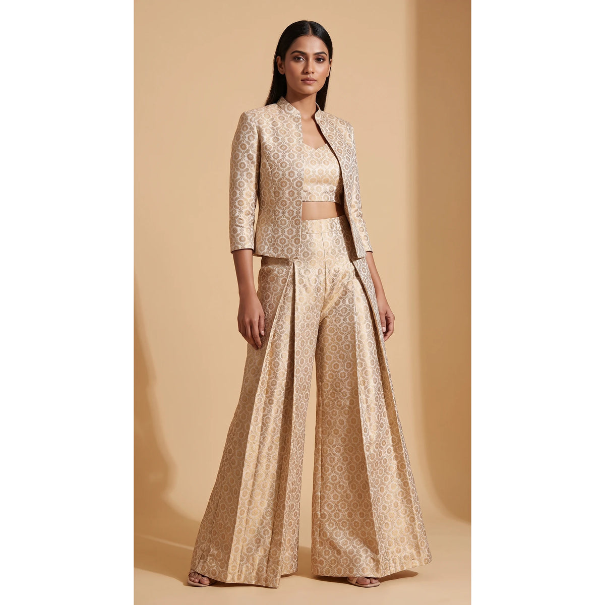 ZARIKA ivory Banarasi antique zari brocade jacket, crop top and pant set, front jacket view; square canvas with white side margins