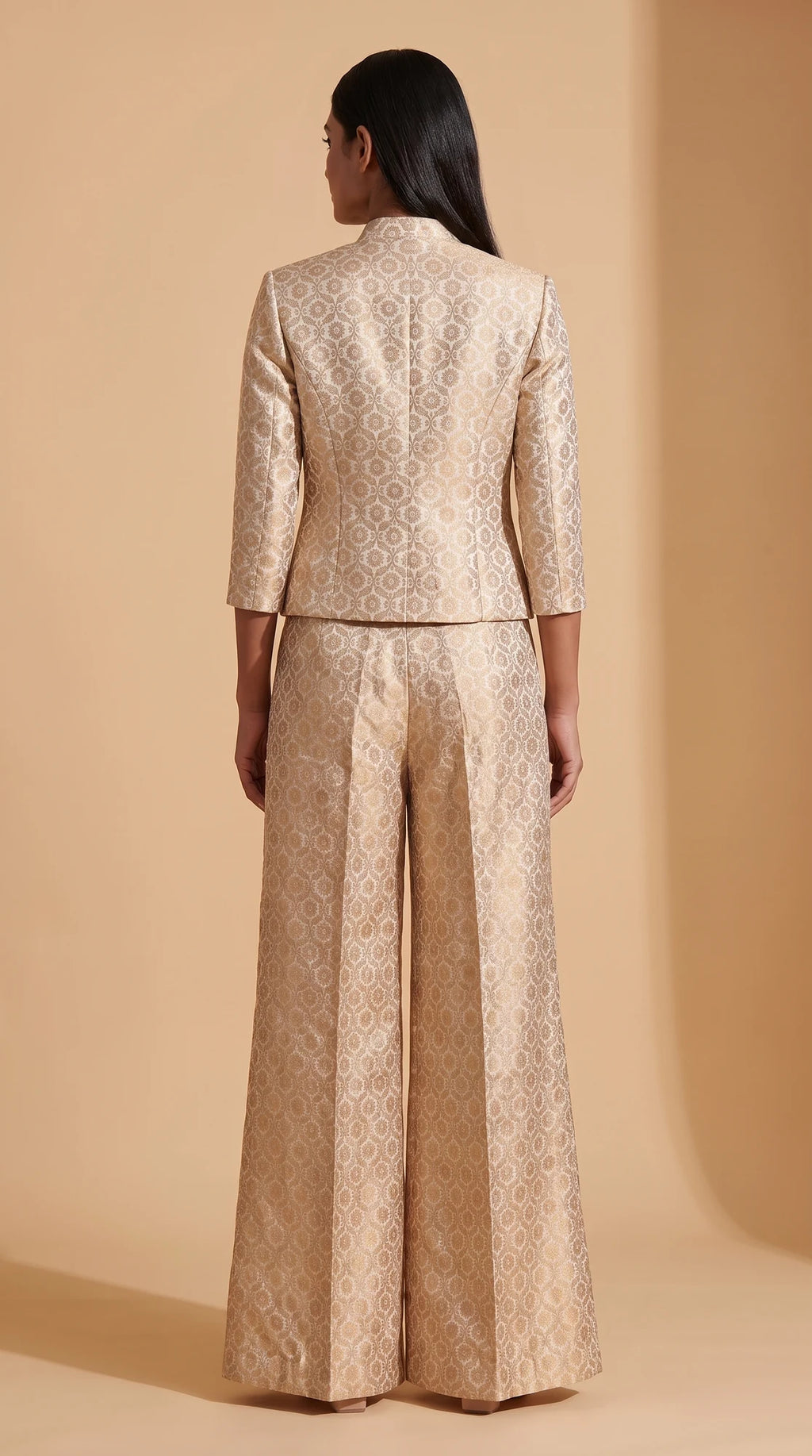 ZARIKA ivory Banarasi antique zari brocade jacket, crop top and pant set, back jacket view
