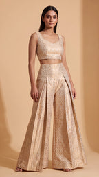 ZARIKA ivory Banarasi antique zari brocade jacket, crop top and pant set, front top view — thumbnail 3