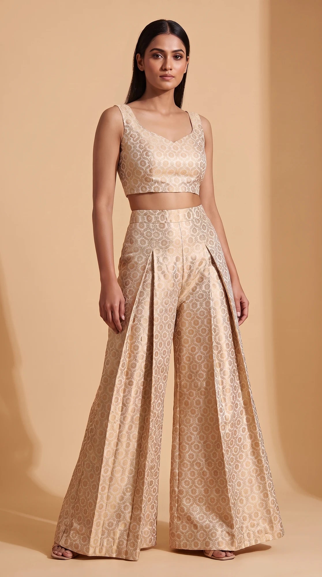 ZARIKA ivory Banarasi antique zari brocade jacket, crop top and pant set, front top view