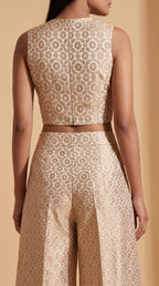ZARIKA ivory Banarasi antique zari brocade jacket, crop top and pant set, back top detail view — thumbnail 4