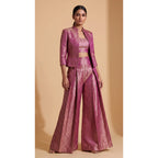 ZARIKA purple Banarasi antique zari brocade jacket, crop top and pant set, front jacket view; square canvas with white side margins — thumbnail 1
