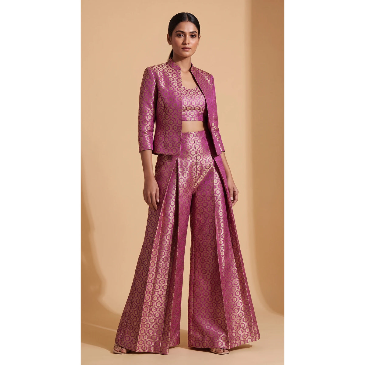 ZARIKA purple Banarasi antique zari brocade jacket, crop top and pant set, front jacket view; square canvas with white side margins