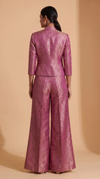 ZARIKA purple Banarasi antique zari brocade jacket, crop top and pant set, back jacket view — thumbnail 2