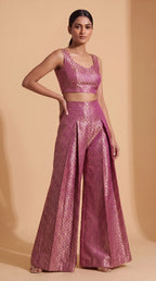 ZARIKA purple Banarasi antique zari brocade jacket, crop top and pant set, front top view — thumbnail 3