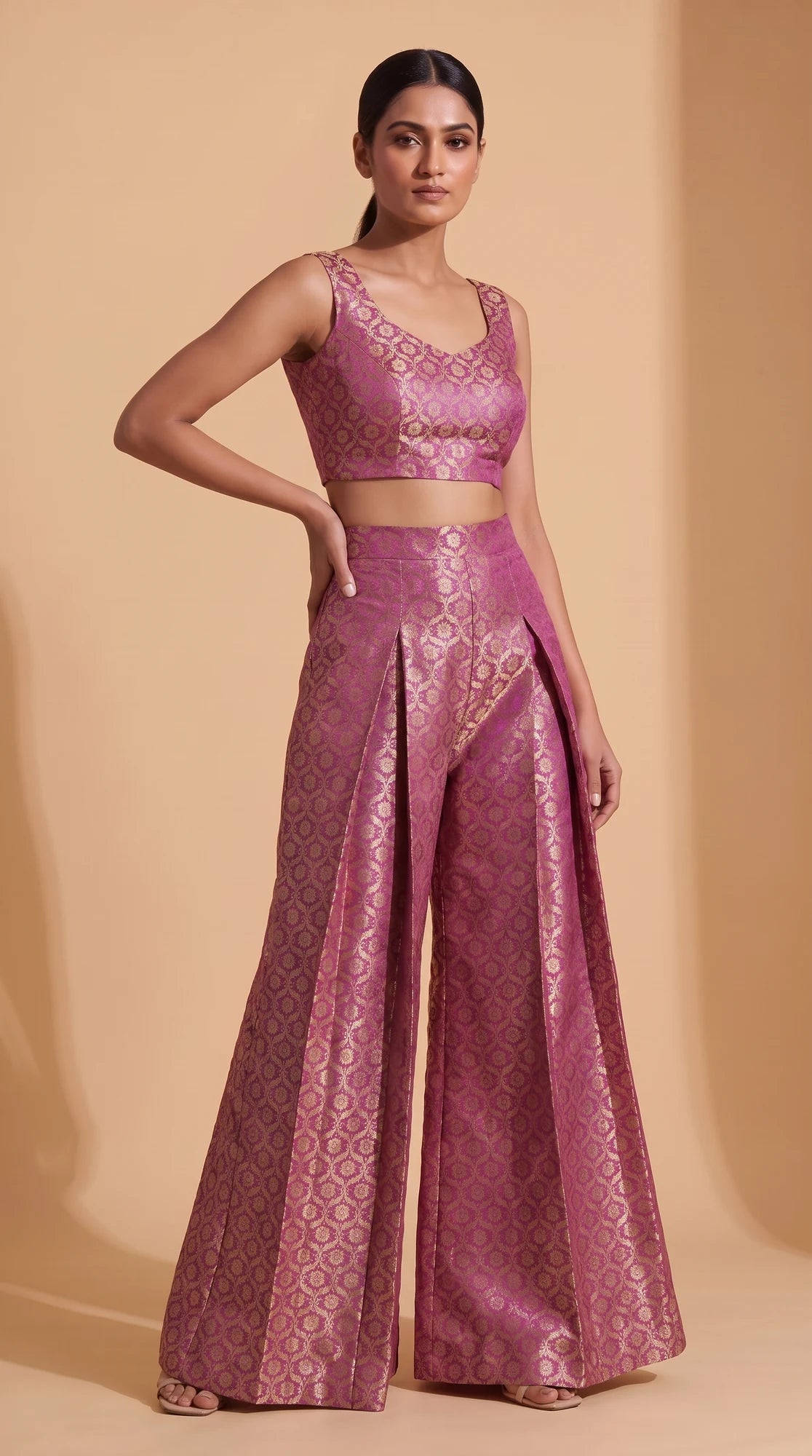 ZARIKA purple Banarasi antique zari brocade jacket, crop top and pant set, front top view