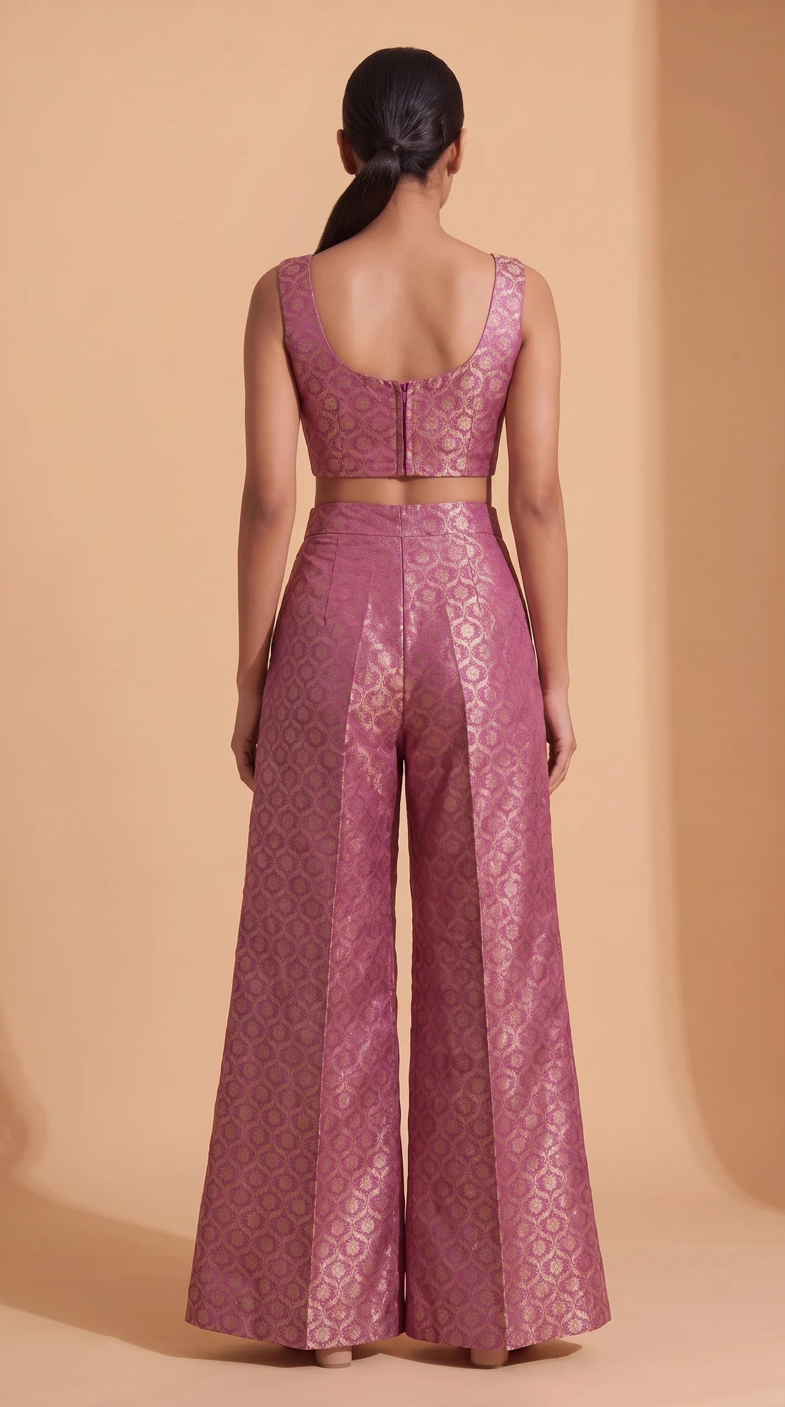 ZARIKA purple Banarasi antique zari brocade jacket, crop top and pant set, back top view