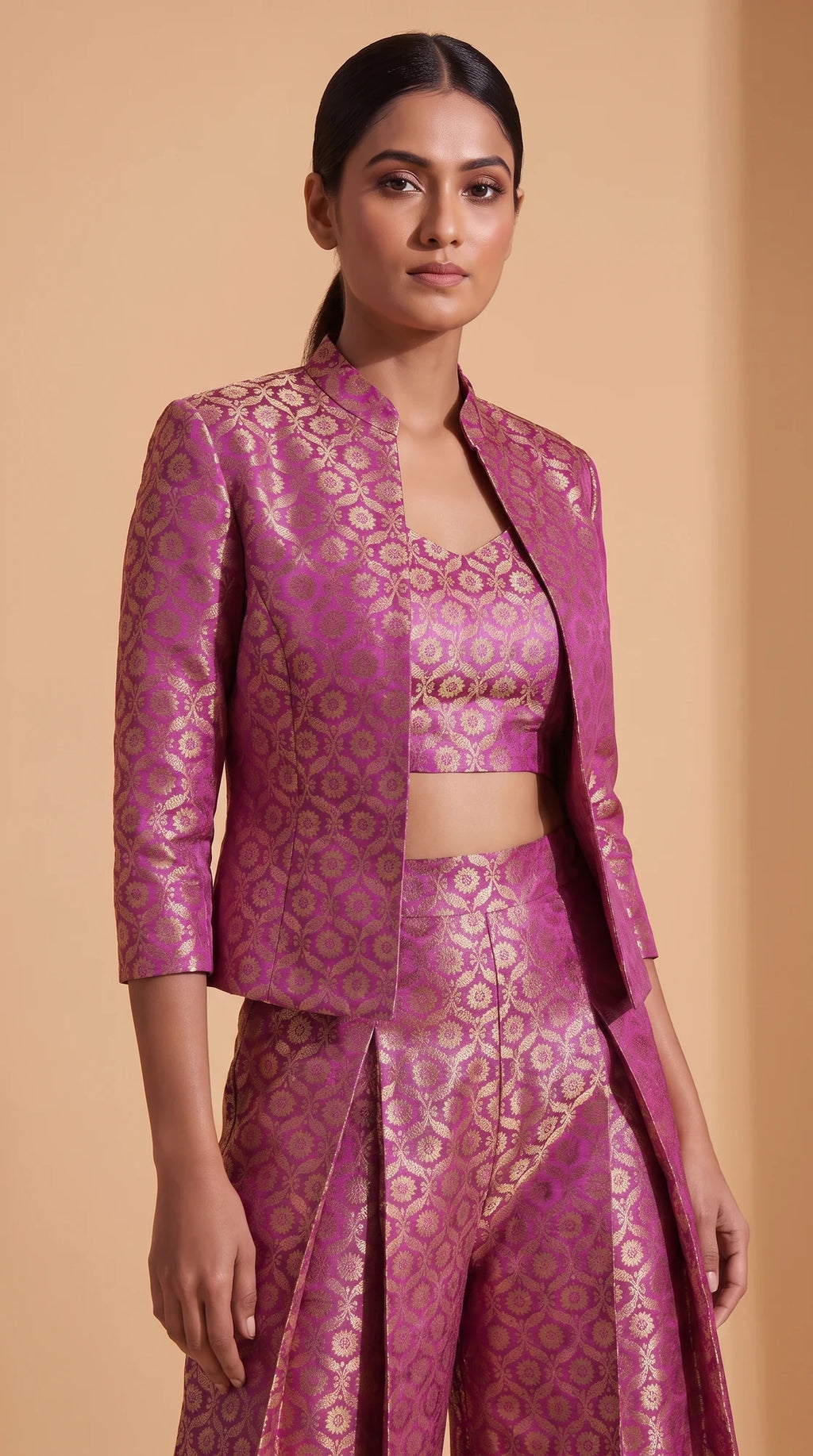 ZARIKA purple Banarasi antique zari brocade jacket, crop top and pant set, detail view