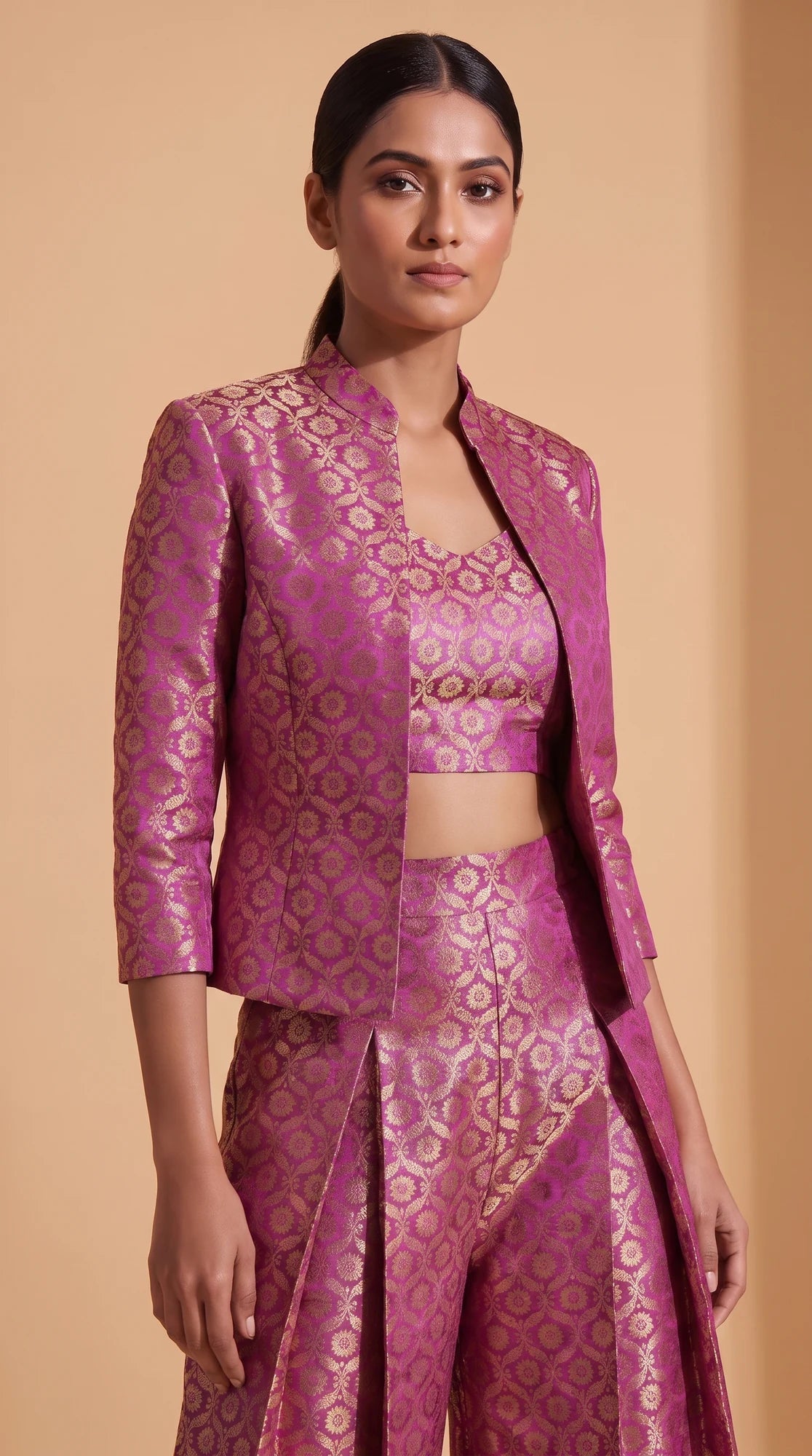 ZARIKA purple Banarasi antique zari brocade jacket, crop top and pant set, detail view