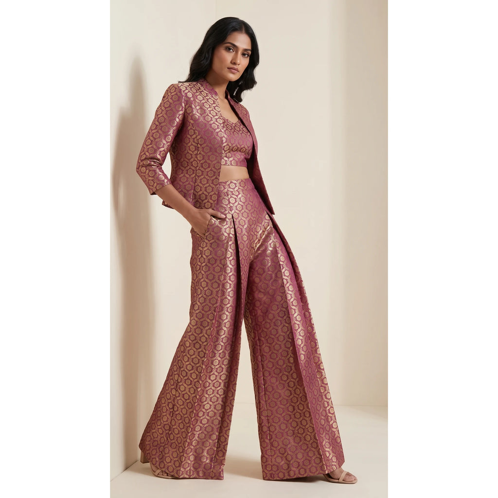 ZARIKA wine Banarasi antique zari brocade jacket, crop top and pant set, front jacket view; square canvas with white side margins