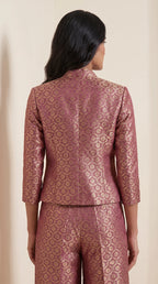 ZARIKA wine Banarasi antique zari brocade jacket, crop top and pant set, back jacket detail view — thumbnail 2