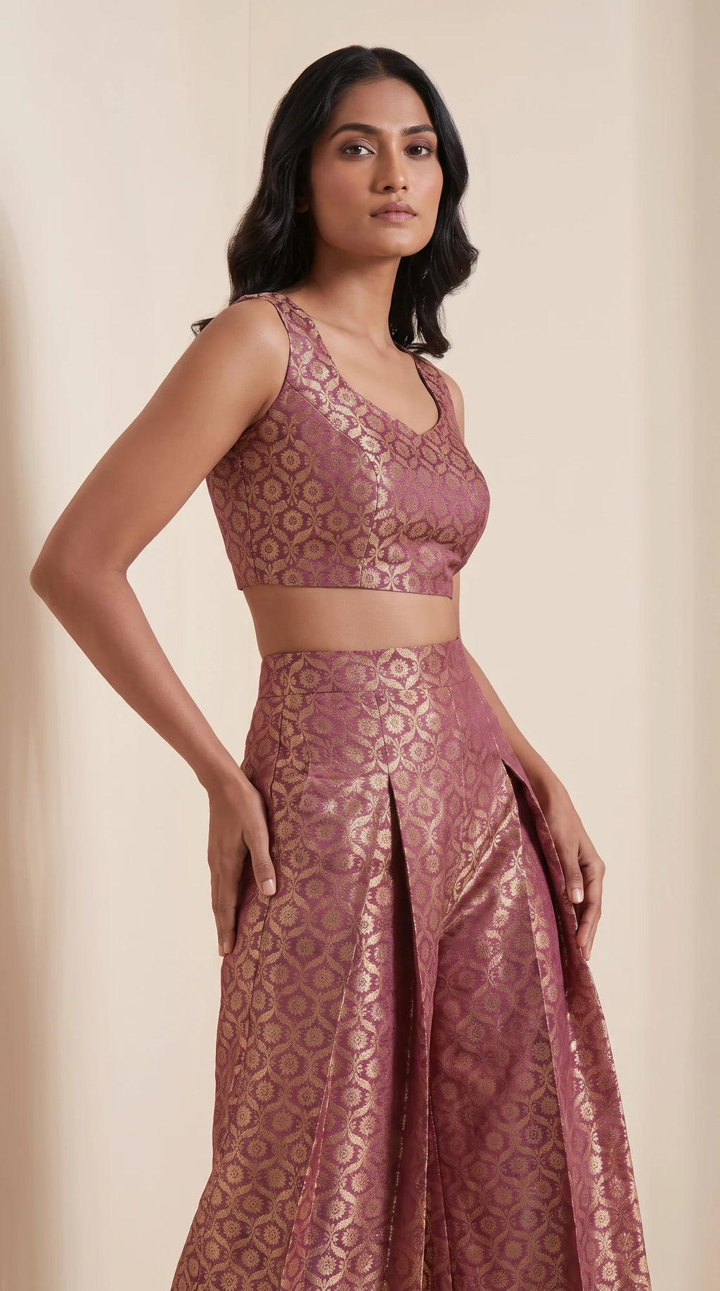 ZARIKA wine Banarasi antique zari brocade jacket, crop top and pant set, front top detail view
