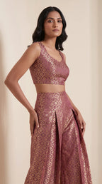 ZARIKA wine Banarasi antique zari brocade jacket, crop top and pant set, front top detail view — thumbnail 3