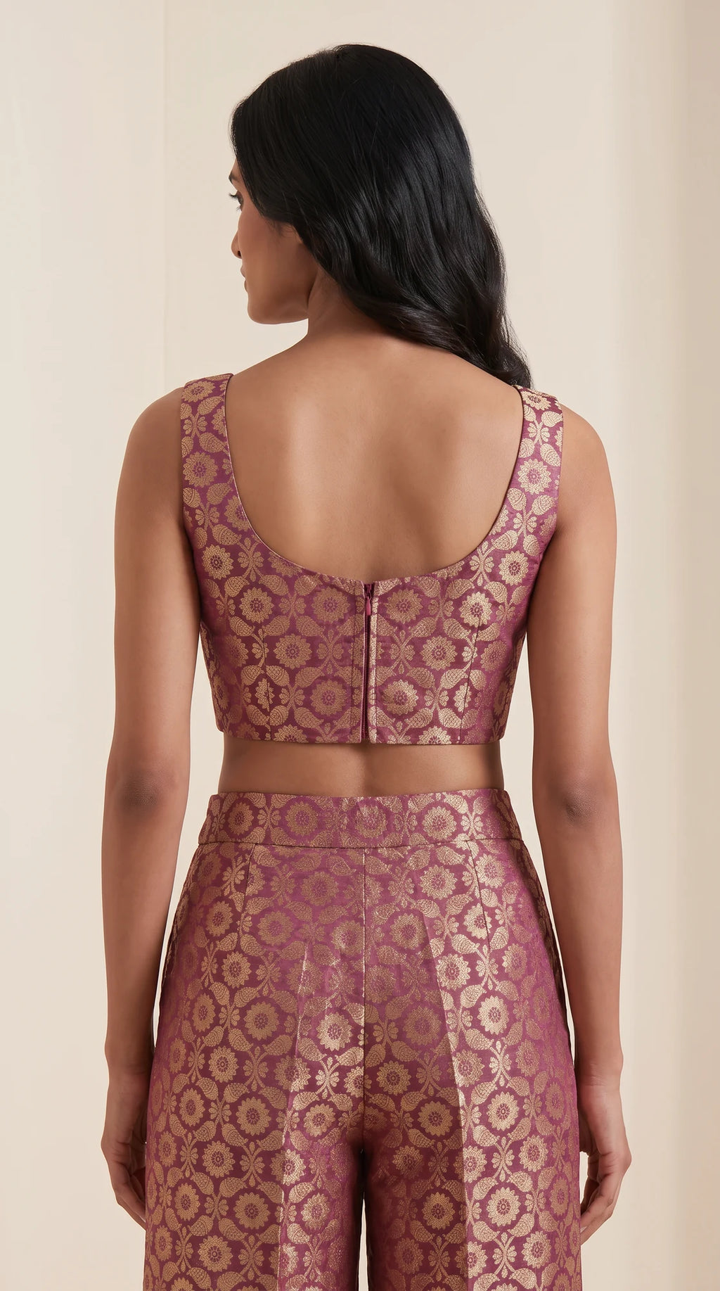ZARIKA wine Banarasi antique zari brocade jacket, crop top and pant set, back top detail view
