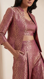 ZARIKA wine Banarasi antique zari brocade jacket, crop top and pant set, detail view — thumbnail 5
