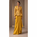 ZAREEN marigold yellow brocade peplum blazer and draped skirt set, full front view on white square canvas