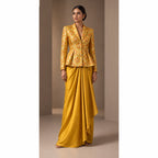 ZAREEN marigold yellow brocade peplum blazer and draped skirt set, full front view on white square canvas — thumbnail 1