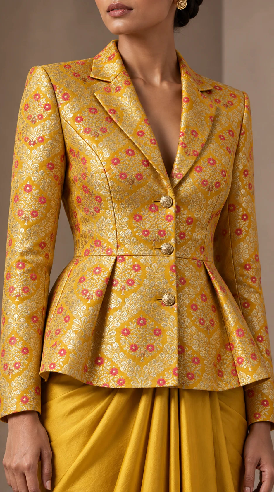 ZAREEN marigold yellow brocade peplum blazer and draped skirt set, woven brocade fabric and tailoring close-up